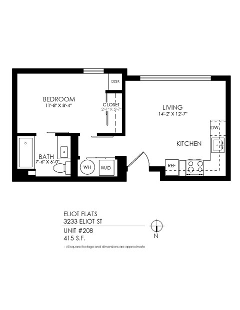 Floor plan for 1 bed, 1 bath, 415 sqft